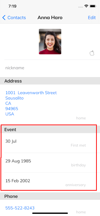 Events in Contacts